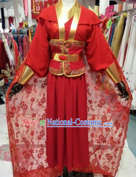 China Ancient Female Swordsman Garment Costume Shaoxing Opera Heroine Red Dress Outfits Traditional Peking Opera Wudan Clothing