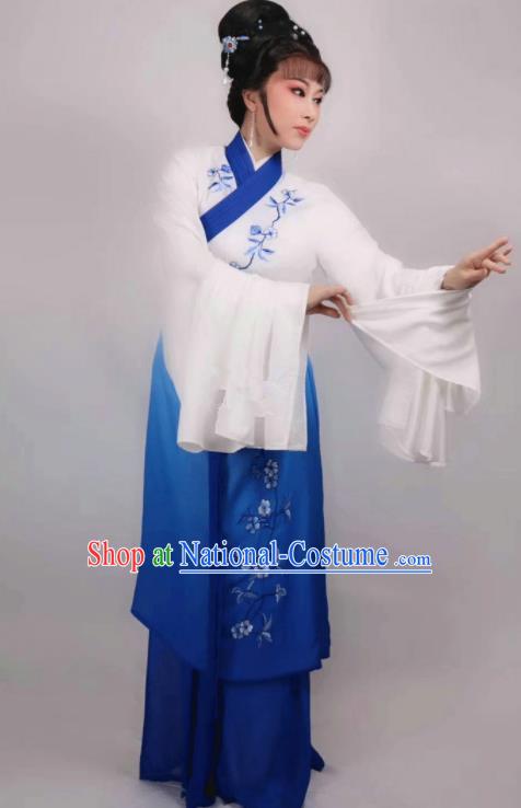 China Traditional Shaoxing Opera Actress Blue Dress Outfits Peking Opera Diva Clothing Ancient Country Woman Garment Costumes