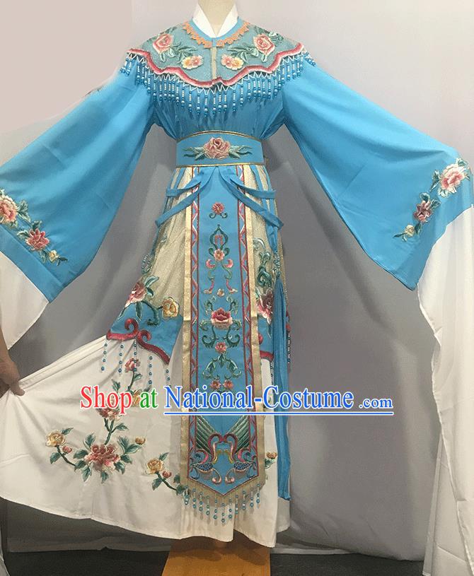 China Ancient Imperial Consort Garment Costumes Traditional Shaoxing Opera Court Woman Clothing Peking Opera Hua Tan Blue Dress Outfits