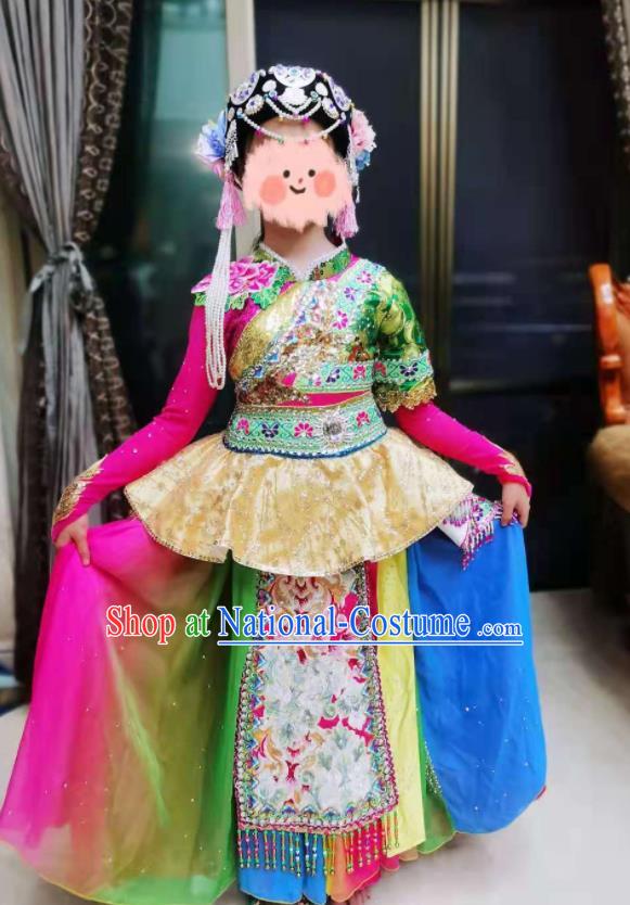 China Li Nationality Girl Performance Apparels Ethnic Children Folk Dance Costumes Pumi Minority Kids Dress Uniforms