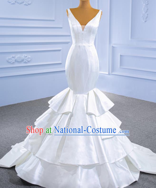 Custom Stage Performance Garment Costume Luxury Bridal Gown Wedding Dress Bride White Satin Fishtail Dress