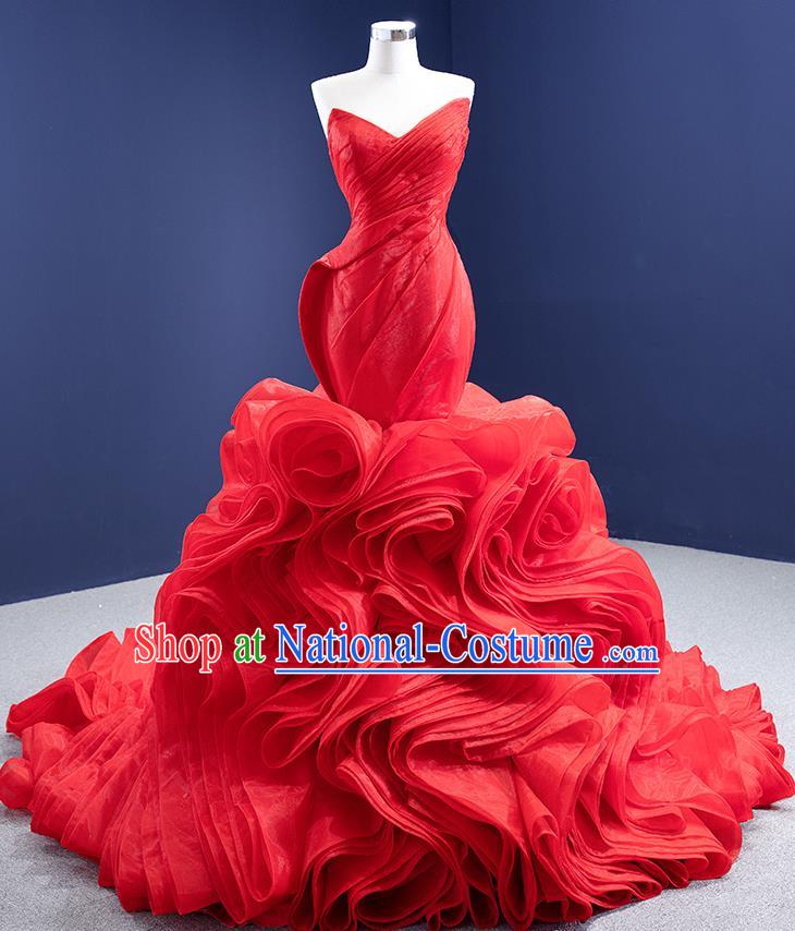 Custom Vintage Red Flowers Trailing Wedding Dress Ceremony Formal Garment Bride Full Dress Stage Show Costume Luxury Bridal Gown