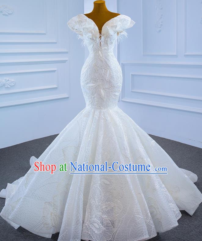 Custom Ceremony Vintage Clothing Luxury White Lace Wedding Dress Compere Formal Garment Marriage Bride Fishtail Full Dress Catwalks Princess Costume