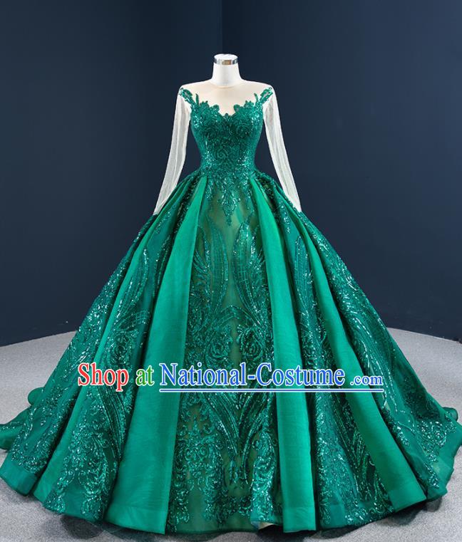 Custom Luxury Formal Garment Compere Full Dress Catwalks Princess Costume Marriage Bride Clothing Vintage Embroidery Green Wedding Dress