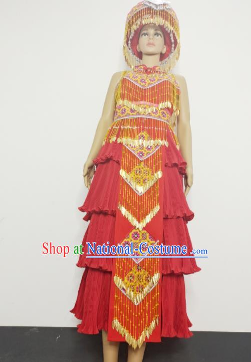 China Ethnic Photography Clothing Traditional Hmong Dance Red Dress Outfits Yunnan Minority Bride Garments Miao Nationality Wedding Costumes