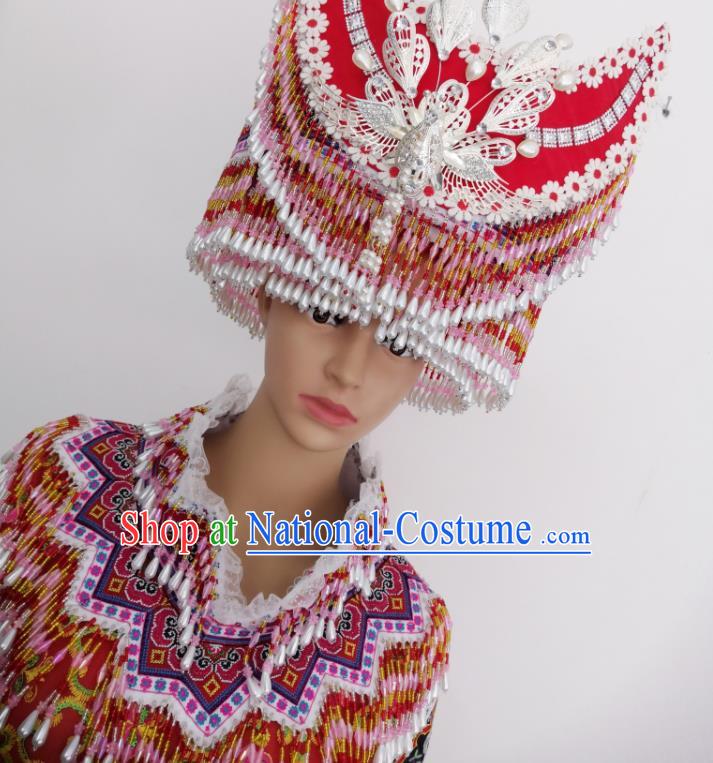 China Traditional Hmong Wedding Red Dress Outfits Yunnan Minority Woman Garments Miao Nationality Festival Costumes Ethnic Photography Clothing