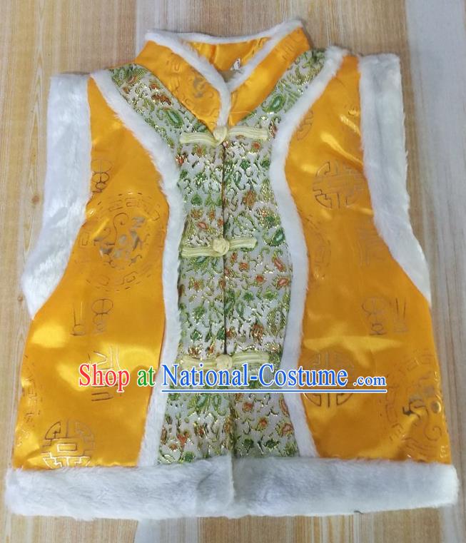 Chinese Traditional Children Mongolian Waistcoat Tang Suit Yellow Brocade Vest Ethnic Girl Costume Mongol Nationality Folk Dance Clothing