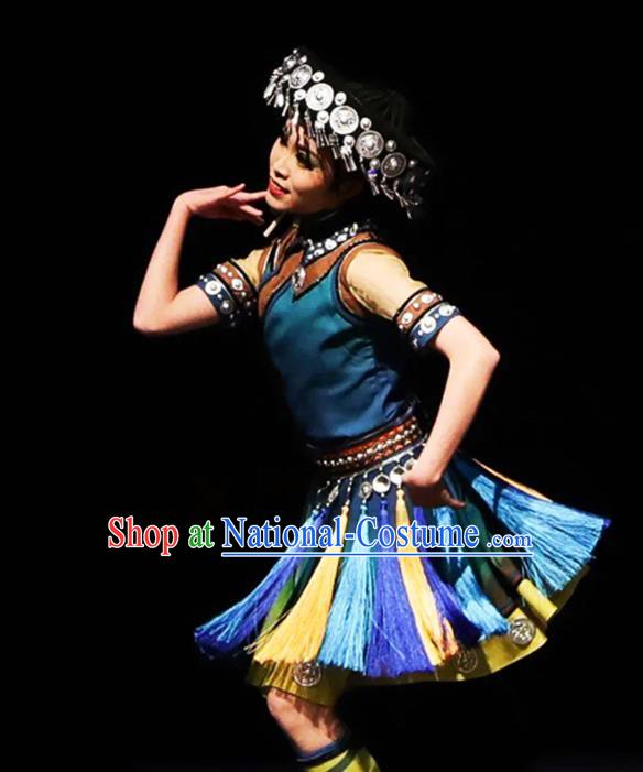 Chinese Traditional Yunnan Ethnic Green Dress Outfits Lisu Minority Stage Performance Apparels Dai Nationality Country Woman Dance Clothing