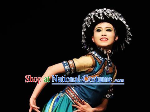 Chinese Traditional Yunnan Ethnic Green Dress Outfits Lisu Minority Stage Performance Apparels Dai Nationality Country Woman Dance Clothing