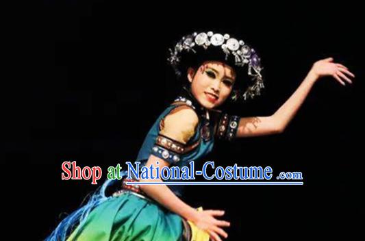 Chinese Traditional Yunnan Ethnic Green Dress Outfits Lisu Minority Stage Performance Apparels Dai Nationality Country Woman Dance Clothing