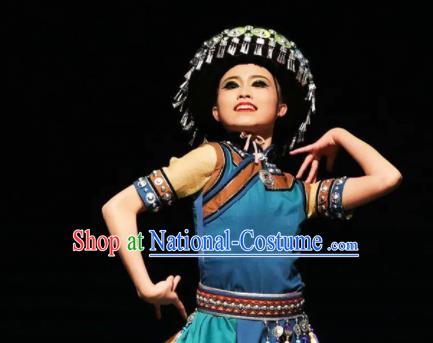 Chinese Traditional Yunnan Ethnic Green Dress Outfits Lisu Minority Stage Performance Apparels Dai Nationality Country Woman Dance Clothing