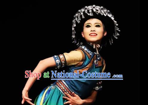 Chinese Traditional Yunnan Ethnic Green Dress Outfits Lisu Minority Stage Performance Apparels Dai Nationality Country Woman Dance Clothing