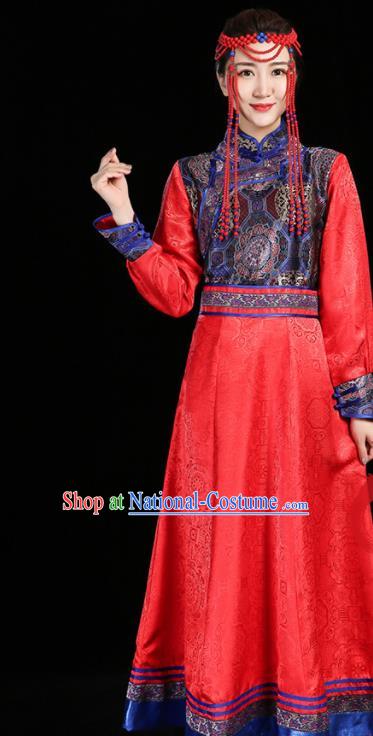 China Ethnic Dance Performance Red Dress Mongol Minority Compere Fashion Folk Dance Clothing Mongolian Nationality Woman Informal Costume