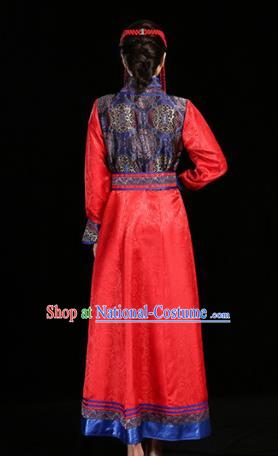 China Ethnic Dance Performance Red Dress Mongol Minority Compere Fashion Folk Dance Clothing Mongolian Nationality Woman Informal Costume