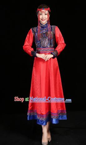 China Ethnic Dance Performance Red Dress Mongol Minority Compere Fashion Folk Dance Clothing Mongolian Nationality Woman Informal Costume