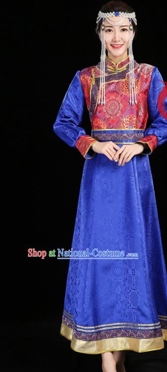 China Mongolian Nationality Woman Informal Costume Ethnic Performance Royalblue Dress Mongol Minority Compere Fashion Folk Dance Clothing