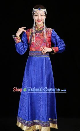 China Mongolian Nationality Woman Informal Costume Ethnic Performance Royalblue Dress Mongol Minority Compere Fashion Folk Dance Clothing