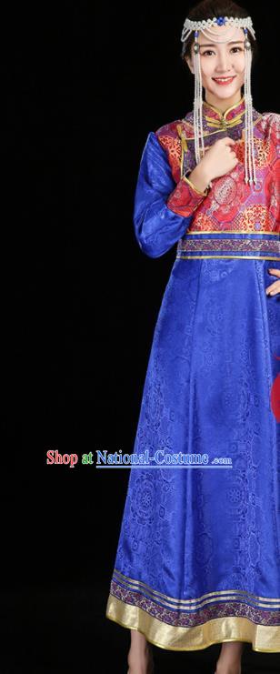 China Mongolian Nationality Woman Informal Costume Ethnic Performance Royalblue Dress Mongol Minority Compere Fashion Folk Dance Clothing