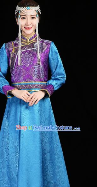 China Folk Dance Clothing Mongolian Nationality Woman Informal Costume Ethnic Performance Blue Dress Mongol Minority Compere Fashion