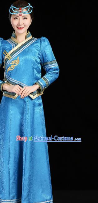 China Moggol Nationality Female Informal Costume Ethnic Folk Dance Blue Dress Mongol Minority Fashion Mongolian Performance Clothing