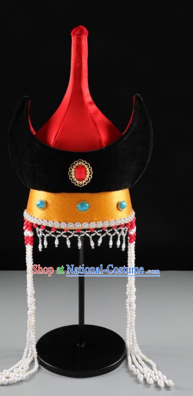 China Handmade Ethnic Festival Red Satin Bull Horn Hat Mongolian Nationality Female Hair Accessories Mongol Nationality Performance Headwear