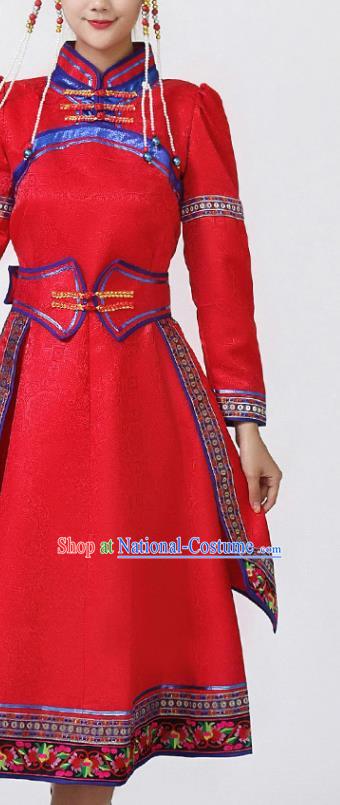 China Ethnic Folk Dance Red Dress Mongol Minority Female Outfits Mongolian Performance Clothing Moggol Nationality Ceremony Costume