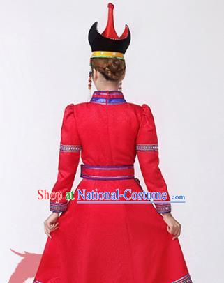 China Ethnic Folk Dance Red Dress Mongol Minority Female Outfits Mongolian Performance Clothing Moggol Nationality Ceremony Costume