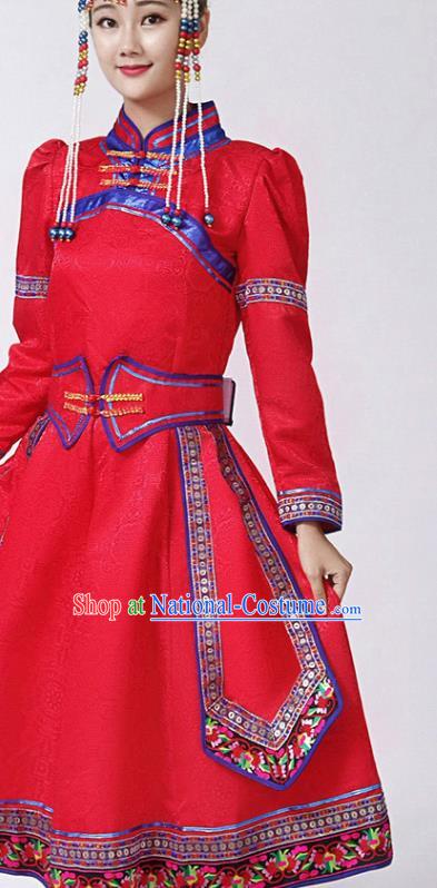 China Ethnic Folk Dance Red Dress Mongol Minority Female Outfits Mongolian Performance Clothing Moggol Nationality Ceremony Costume