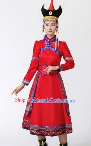 China Ethnic Folk Dance Red Dress Mongol Minority Female Outfits Mongolian Performance Clothing Moggol Nationality Ceremony Costume