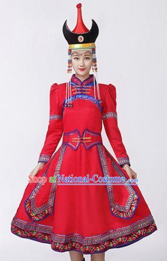 China Ethnic Folk Dance Red Dress Mongol Minority Female Outfits Mongolian Performance Clothing Moggol Nationality Ceremony Costume