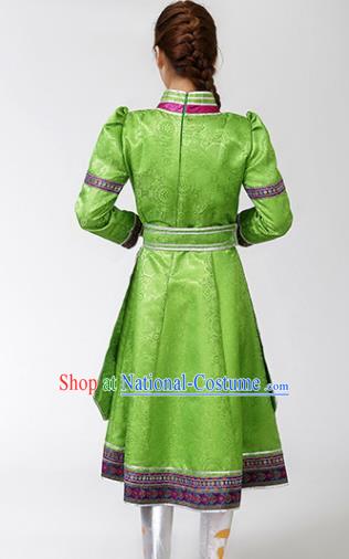 China Mongolian Performance Clothing Moggol Nationality Ceremony Costume Ethnic Folk Dance Green Dress Mongol Minority Female Outfits