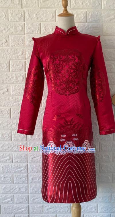 China Moggol Nationality Bride Costume Ethnic Wedding Female Red Dress Mongol Minority Brocade Robe Mongolian Informal Clothing