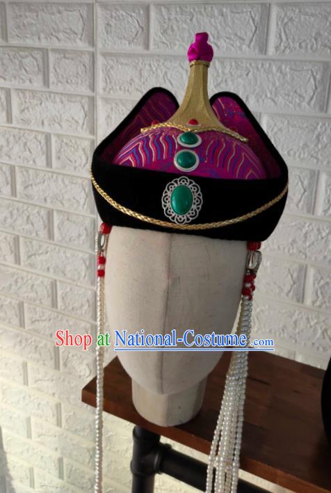 China Handmade Ethnic Stage Performance Purple Brocade Hat Mongolian Nationality Woman Hair Accessories Mongol Wedding Bride Headdress