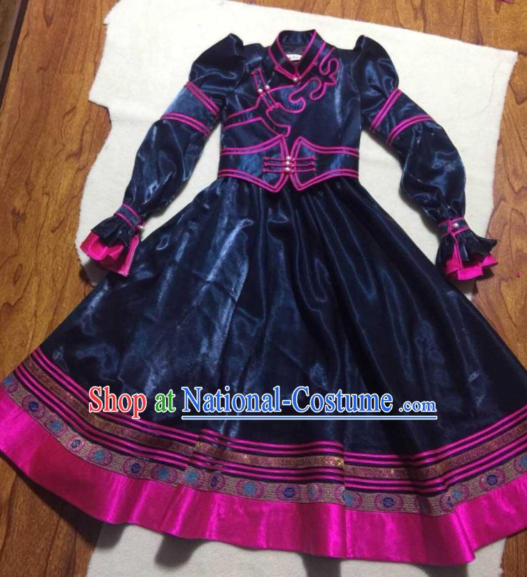 Chinese Ethnic Children Dance Clothing Mongolian Festival Dress Garment Mongol Nationality Girl Navy Brocade Robe