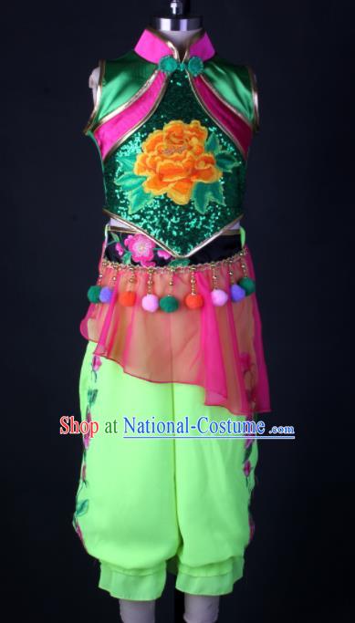 China Folk Dance Garment Costumes Fan Dance Dress Children Yangko Dance Green Outfits Girl Performance Clothing