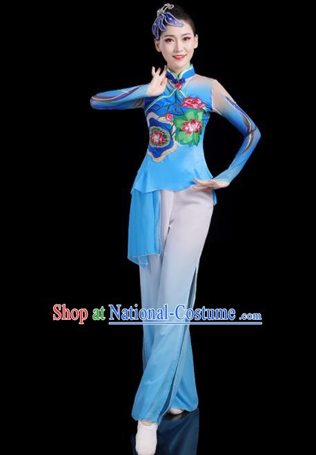 Chinese Traditional Fan Dance Blue Outfits Female Lotus Dance Costumes Yangko Performance Apparels Folk Dance Clothing