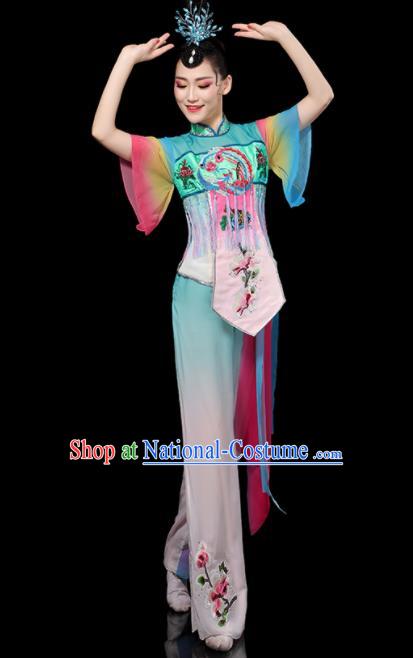 Chinese Folk Dance Clothing Traditional Fan Dance Blue Outfits Waist Drum Dance Costumes Yangko Performance Apparels