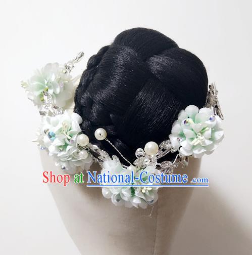 Chinese Women Jasmine Flower Dance Headdress Stage Performance Hairpieces Traditional Umbrella Dance Wigs Chignon Classical Dance Hair Accessories