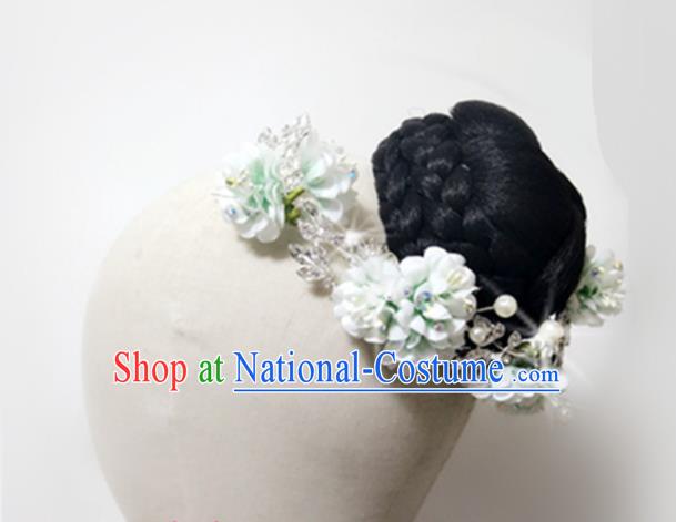 Chinese Women Jasmine Flower Dance Headdress Stage Performance Hairpieces Traditional Umbrella Dance Wigs Chignon Classical Dance Hair Accessories