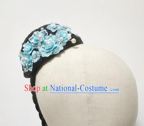 Chinese Stage Performance Blue Flowers Hairpieces Traditional Umbrella Dance Wigs Chignon Classical Dance Hair Accessories Women Dance Headdress