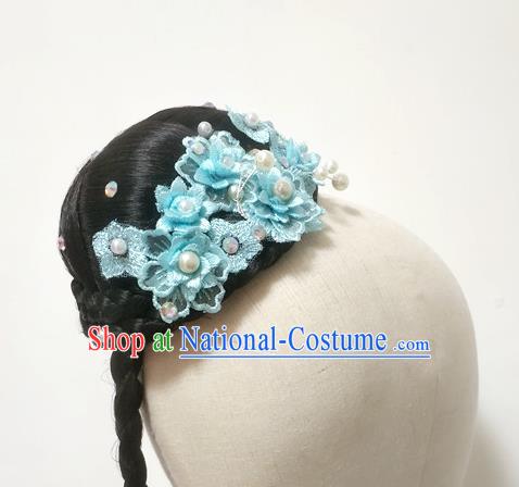 Chinese Stage Performance Blue Flowers Hairpieces Traditional Umbrella Dance Wigs Chignon Classical Dance Hair Accessories Women Dance Headdress