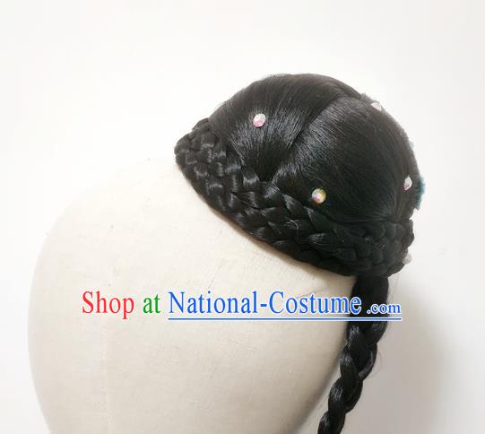 Chinese Stage Performance Blue Flowers Hairpieces Traditional Umbrella Dance Wigs Chignon Classical Dance Hair Accessories Women Dance Headdress