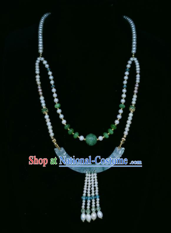 China Ancient Imperial Consort Necklace Accessories Qing Dynasty Pearls Tassel Necklet Handmade Jade Jewelry