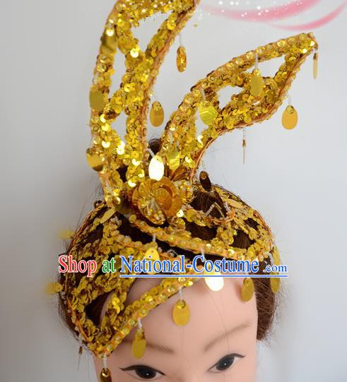 China Yunnan Ethnic Peacock Dance Golden Sequins Hair Crown Dai Nationality Dance Hair Accessories Folk Dance Hat