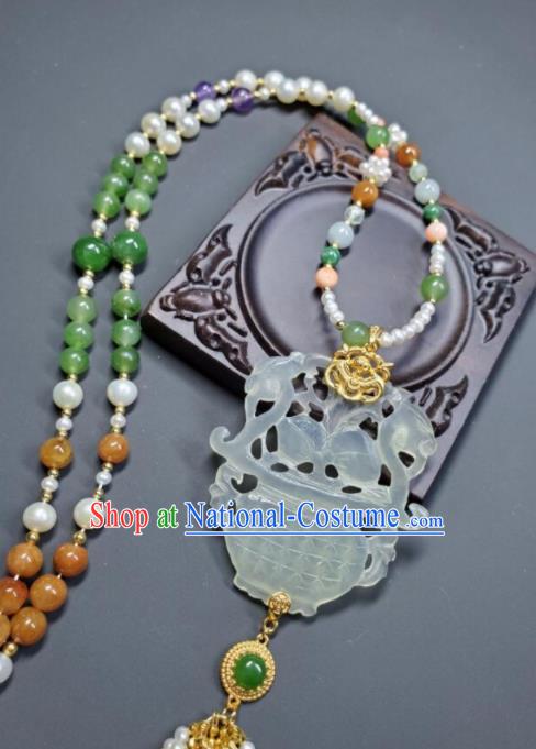 China Qing Dynasty Empress Pearls Tassel Necklet Handmade Jade Carving Flower Basket Jewelry Ancient Palace Lady Necklace Accessories