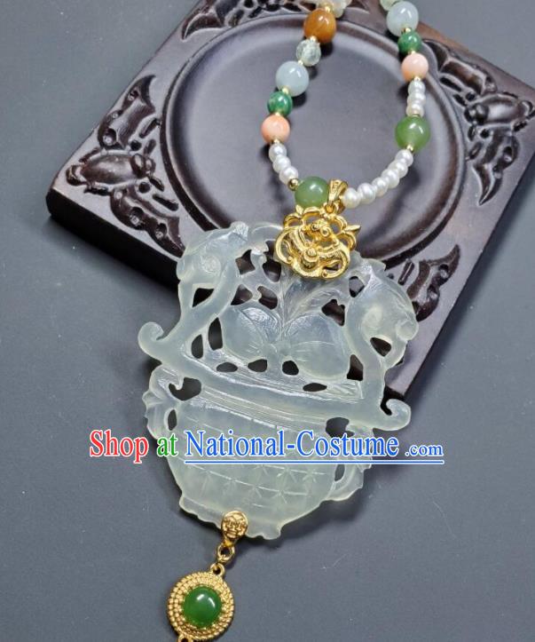 China Qing Dynasty Empress Pearls Tassel Necklet Handmade Jade Carving Flower Basket Jewelry Ancient Palace Lady Necklace Accessories