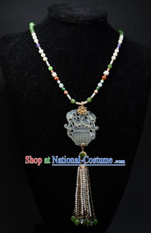 China Qing Dynasty Empress Pearls Tassel Necklet Handmade Jade Carving Flower Basket Jewelry Ancient Palace Lady Necklace Accessories