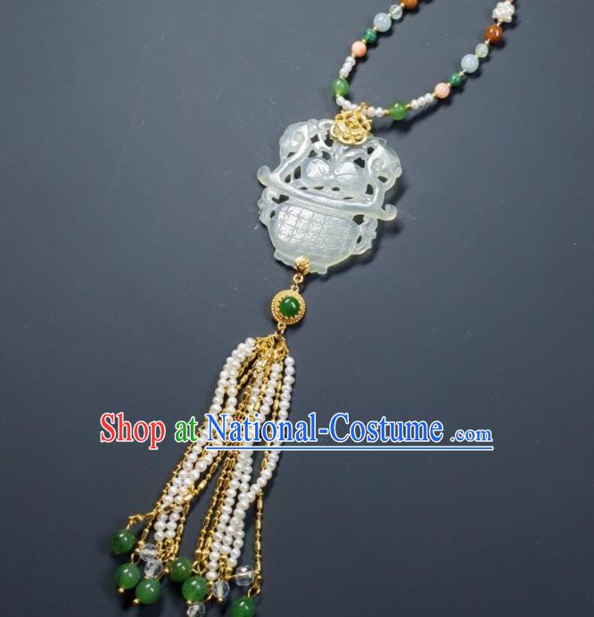 China Qing Dynasty Empress Pearls Tassel Necklet Handmade Jade Carving Flower Basket Jewelry Ancient Palace Lady Necklace Accessories