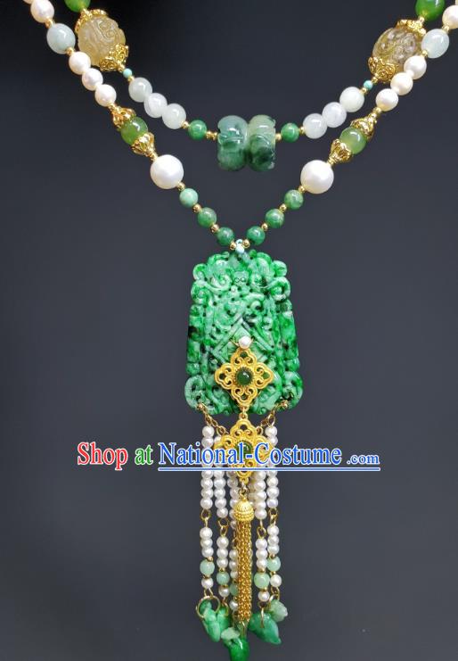 China Qing Dynasty Empress Pearls Tassel Necklet Handmade Jadeite Carving Jewelry Ancient Princess Necklace Accessories