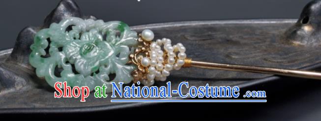 Chinese Ancient Empress Jade Hairpin Traditional Qipao Dress Hair Accessories Handmade Qing Dynasty Court Woman Pearls Hair Stick